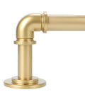 Close-up of gold elbow joint on Gold Industrial Curtain Rods For Windows 48 To 84 Inches, 1 Inch Diameter, Blackout Wrap Around Adjustable
