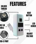 Pocket Size Rechargeable Soldering Iron Pen With Built In USB C Cable, Adjustable Voltage, LED Display, Features Diagram
