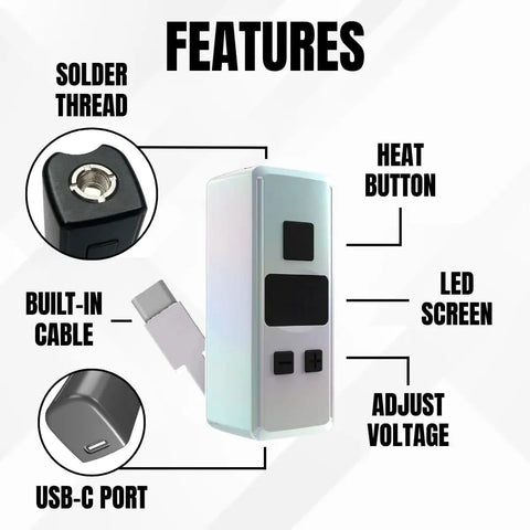 Pocket Size Rechargeable Soldering Iron Pen With Built In USB C Cable, Adjustable Voltage, LED Display, Features Diagram