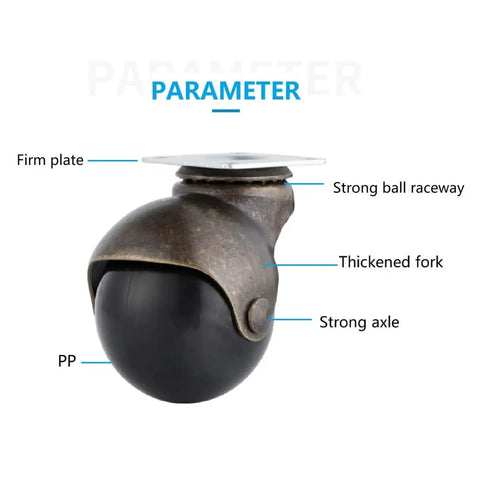 Ready To Roll Swivel Stem Ball Caster Wheels With Vintage Antique Brass Style, showcasing firm plate and strong ball raceway, ideal for furniture.