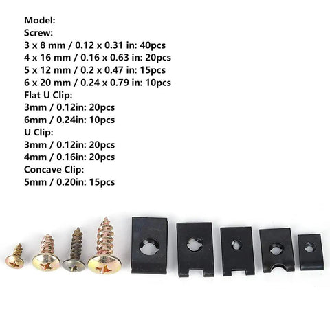 170 Piece U Clip And Screw Set For DIY Projects And Home Improvement Versatile Fasteners Kit With Durable Carbon Steel Screws Great For Repairs Cabinets Woodworking And General Hardware Needs. screws and U clips sizes shown