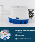 Side view of 12V Submersible Bilge Pump With Built In Float Switch Auto On Off For Efficient Bilge Water Removal One And One Eighth Inch Outlet Ideal For Boats And Yachts Reliable Durable Marine Pump