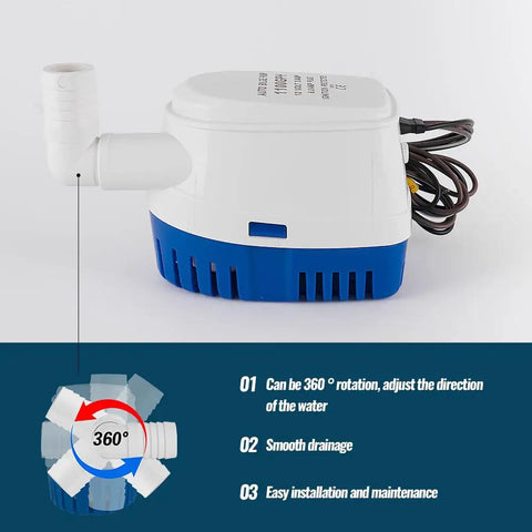 Side view of 12V Submersible Bilge Pump With Built In Float Switch Auto On Off For Efficient Bilge Water Removal One And One Eighth Inch Outlet Ideal For Boats And Yachts Reliable Durable Marine Pump