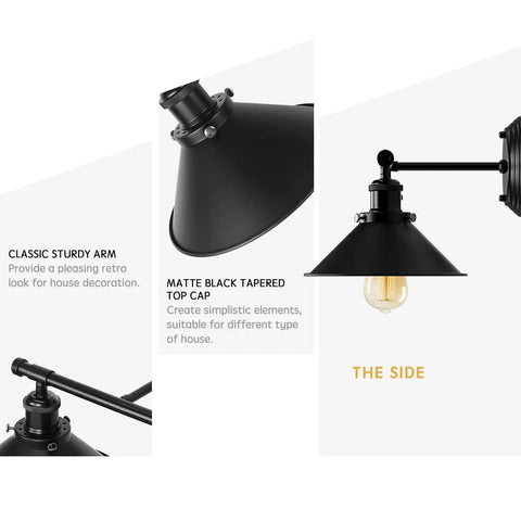 Close-up of Two Light Matte Black Farmhouse Vanity Light Fixture for Bathroom with details of arm and tapered top cap.