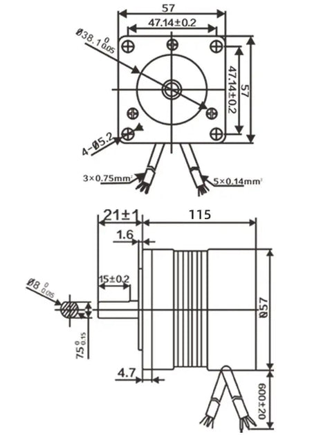Technical diagram of Low Noise 24V 140W Brushless DC Motor With Hall Sensor 3000 RPM, showing 57mm flange and 8mm shaft dimensions.