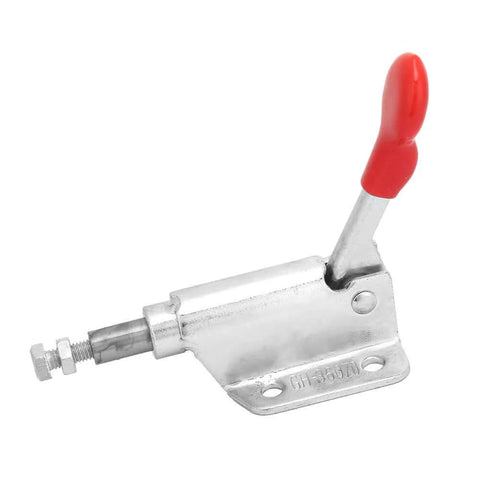 Industrial-Grade Galvanized Iron Toggle Clamp With 10mm Range And 60kg Clamping Force, side view of red-handled vertical clamp