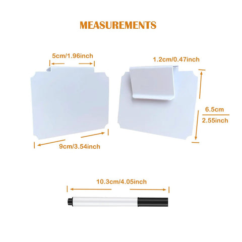 Erasable Label Holders Kit With 20 White PVC Bin Clips And 2 Chalk Markers showing dimensions of clips and marker