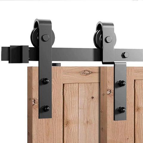 Heavy Duty Sliding Barn Door Hardware Kit For Double Door Bypass And Single Track Low Ceiling Mount 5Ft Rail Tough As Nails Carbon Steel With Black Frost Finish Supports Up To 200 Lb Easy Install. Front view of mounted hardware on wood doors.