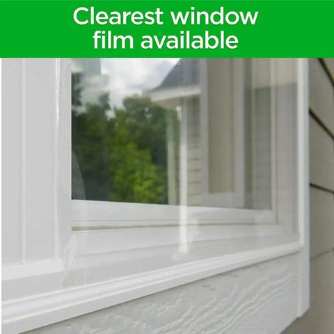 Close-up of Premium Outdoor Patio Door Insulation Wrap For Large Windows And Sliding Doors Clear Plastic Film on window frame.