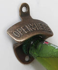 Wall Mounted Beer Bottle Opener Two Pack Rustic Vintage Heavy Metal Bar Decor For Kitchen And Man Cave with a cap being opened.