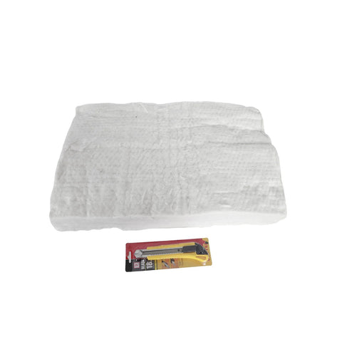 Front view of white Kaowool ceramic fiber insulation blanket and a utility knife; 2 in thick x 15 x 24 in.