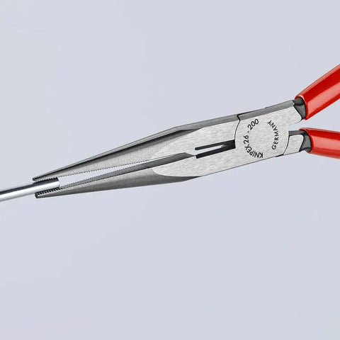 8-Inch Long Nose Pliers With Cutter, snipe nose side cutting pliers with stork beak jaws, precision tips, distortion-tolerant, red handles