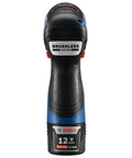 Rear view of 12V Max Brushless Three Eighth Inch Hammer Drill Driver Bare Tool For Pros, showing handle and motor label.