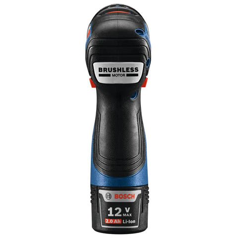 Rear view of 12V Max Brushless Three Eighth Inch Hammer Drill Driver Bare Tool For Pros, showing handle and motor label.