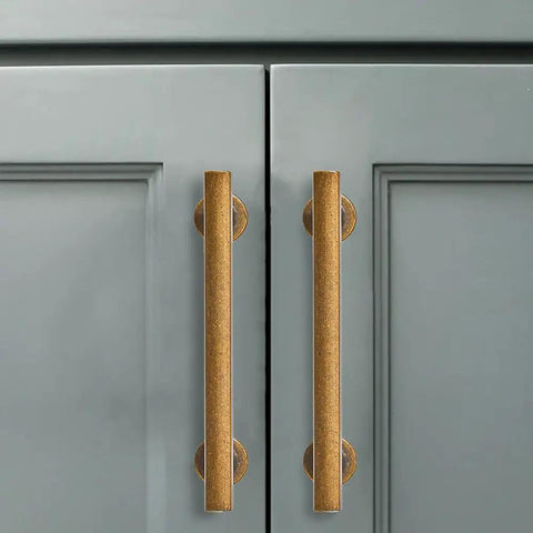 Straight Up Heavy Duty Cabinet Pulls Top Shelf Antique Brass Finish 5 Inch handles on grey cupboard doors