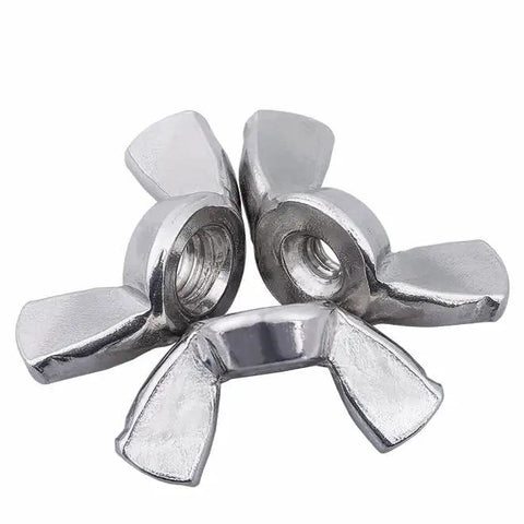 50 Piece Pack Of M5 Butterfly Wing Nuts Crafted From Badass 304 Stainless Steel For Smooth Hand Tightening Top Shelf Metric Fasteners Great For Tough Auto And Home Jobs close-up view showing silver 304 stainless steel wing nuts.