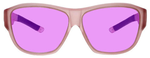 Badass Phillips 202 Didymium Lampworking Safety Glasses With Slick Pink FitProtek Frames and comfortable rubber temple grips, front view.