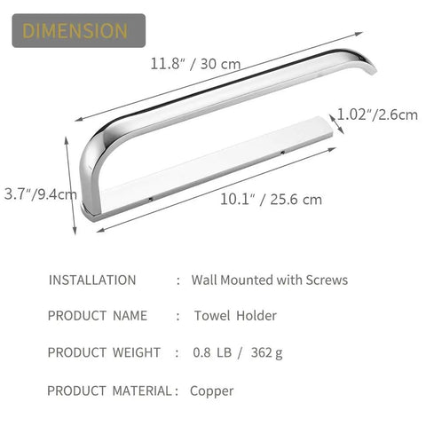 Dimensions of Oil Rubbed Bronze Brass Hand Towel Bar For Bathroom, Rustproof Wall Mounted Towel Rack Hanger, Easy Install, Concealed Screws