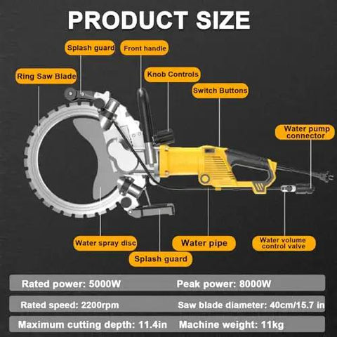 Heavy Duty Wet Concrete Saw Featuring Beast Mode 5000W Brushless Motor With Adjustable Depth For No Sweat Brick And Stone Cutting Includes Coolant Pump Steel Toolbox And Dual Discs For Real Deal Masonry Jobs product size diagram with labeled features