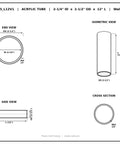 Technical drawing of Clear Acrylic Round Tube 2-1/4 In ID x 2-1/2 In OD x 12 In Length with end, side, isometric views and dimensions.