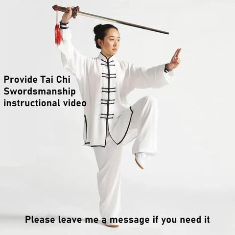 Person practicing with Scalable Tai Chi Training Sword Kit with Storage Pouch and Instructional Videos, 35.4 inch blade.