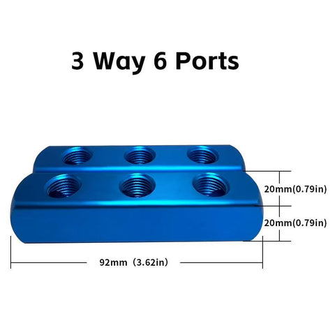 2 Pack One Quarter Inch 3 Way 6 Port Hose Inline Manifold Block Splitter For Pneumatic Air Systems with dimensions