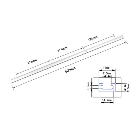 Aluminum Alloy T Slot Miter Track Jig for Woodworking, 600mm guide rail with dimensions and design details shown