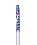 Single-flute end mill with 1/4in shank, titanium-coated solid carbide, 3in overall length, upcut O-flute.