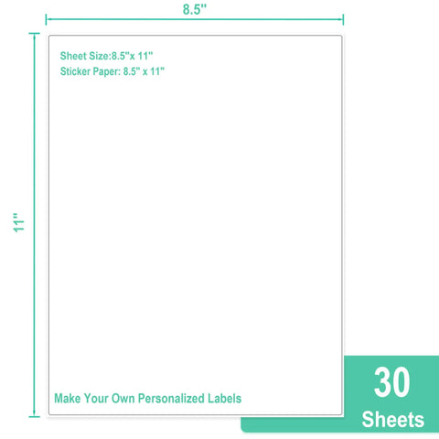 Printable White Full Sheet Sticker Paper Matte 8.5 By 11 Inches For Laser And Inkjet Printers 30 Sheets Includes Online Templates PDF Word PNG