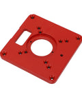 Premium Aluminum Router Table Insert Plate Built Tough With Dual Scale Alignment Dead Nuts Accurate Precision Calibration For Smooth Woodworking And No Sweat Setup, red aluminum plate with multiple holes.