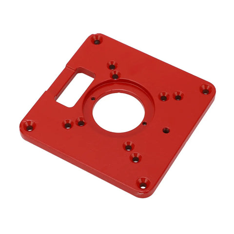 Premium Aluminum Router Table Insert Plate Built Tough With Dual Scale Alignment Dead Nuts Accurate Precision Calibration For Smooth Woodworking And No Sweat Setup, red aluminum plate with multiple holes.