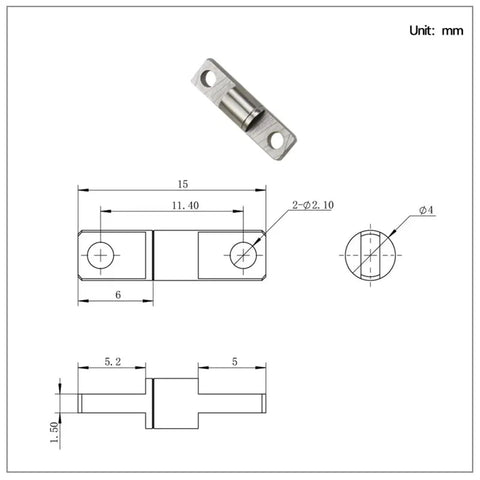 Front view of metal 360-degree rotatable embedded torque hinge damper with two mounting holes