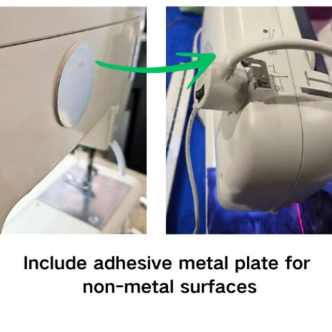 Crosshair Laser Alignment Tool For Heat Presses With Magnetic Base attached to non-metal sewing machine with adhesive plate