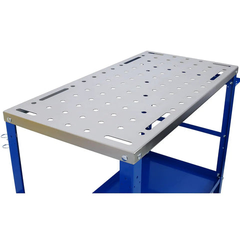 Beefy Welding Table 36 By 18 Inches Portable Steel Workbench with perforated top for tools and fixtures.