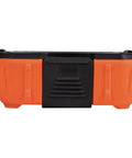 Front view of a Rugged Bluetooth Speaker With Magnetic Strip And Hook, Rechargeable, Wireless and Aux Capable, in orange and black color.