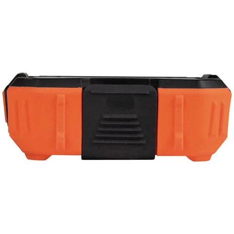 Front view of a Rugged Bluetooth Speaker With Magnetic Strip And Hook, Rechargeable, Wireless and Aux Capable, in orange and black color.
