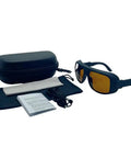 Premium Laser Safety Glasses With Hella Tough Frames Delivering Badass Protection Against 532Nm And 1064Nm Beams with case and accessories.