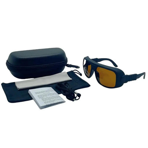 Premium Laser Safety Glasses With Hella Tough Frames Delivering Badass Protection Against 532Nm And 1064Nm Beams with case and accessories.