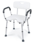 White Tool Free Assembly Shower Chair with adjustable height, arms, and lightweight aluminum frame for tub use
