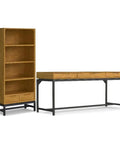 Oak Veneer Desk And 66 Inch Bookcase Set With Graphite Gray Metal Frame For A Modern Industrial Home Office Setup And Living Room Storage