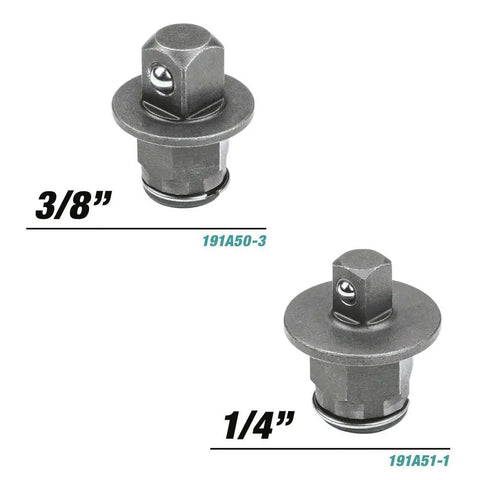 Interchangeable 3/8" and 1/4" drives for 18V Cordless Ratchet Workhorse With Three Eighths And One Quarter Square Drives