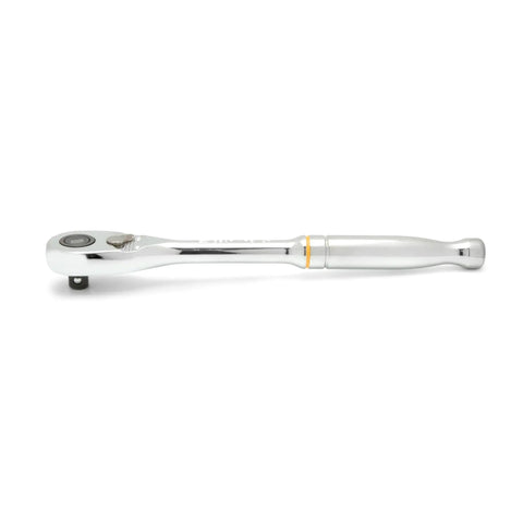 Side view of Three Eighths Inch Drive 90-Tooth Quick Release Teardrop Ratchet With 4-Degree Swing Arc For Tight Spots And Ball Detent