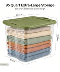 Rock Solid 95 Quart Clear Plastic Storage Bin With Easy Grip Handles For No Sweat Organization And Smooth Transport Legit Extra Large Bulk Storage Container with folded blankets inside.