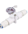 1/4 Inch Quick Connect Hall Effect Water Flow Switch Flow Meter Counter 1 To 25 Liters Per Minute For Coffee Machines Heaters Boilers And Steam Gear Great For Home And Pro Setups showing white plastic body with connectors