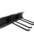 Heavy Duty Wall Mounted Garage Tool Organizer Rack With Adjustable Hooks And Tough Steel Frame holding three hooks for tools.