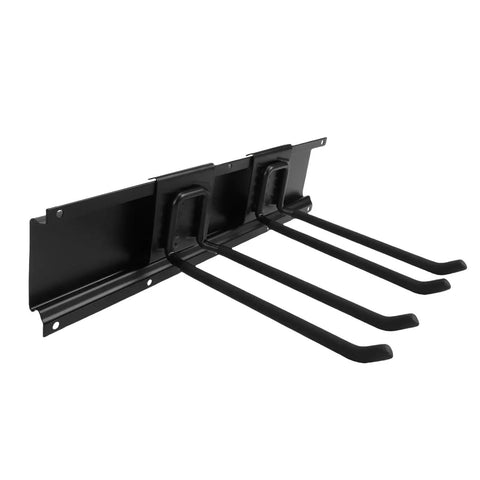 Heavy Duty Wall Mounted Garage Tool Organizer Rack With Adjustable Hooks And Tough Steel Frame holding three hooks for tools.