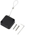 Retractable Display Security Cable Lock With Adjustable Tether Stops, black housing, steel cable, mounting screws included.