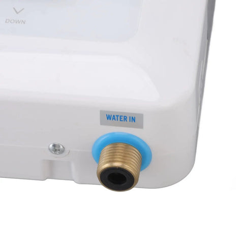 Zero Chill Instant Heat Mini Tankless Water Heater With A Sharp Digital Panel And Handy Remote That Pushes Hard 5500 Watts for water inlet connection.