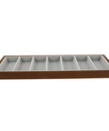 Top Shelf Walnut Wooden Sunglasses Tray With Silky Gray Velvet Liner, seven slot design for organized eyewear display.