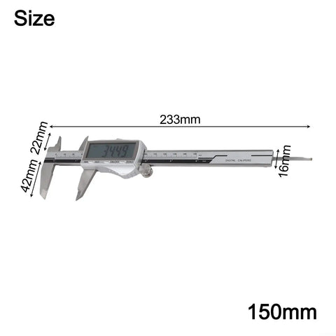 Jewelry Measurement Tool 150mm Digital Caliper(150MM) showing size dimensions of 233mm length without background.